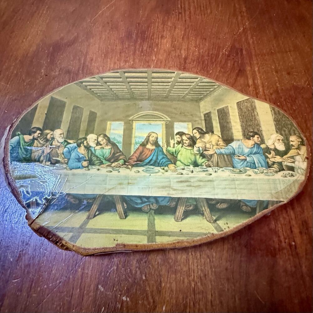 Vintage Last Supper Wood Slice Wall Plaque Bark Edge Rustic Religious Decor 12”